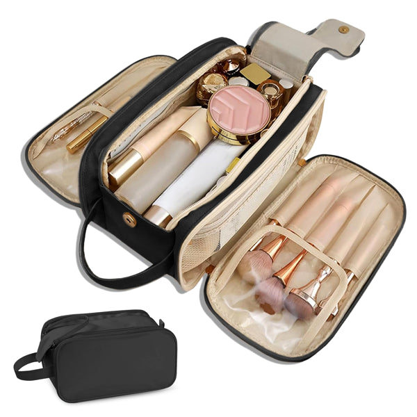 Large Capacity Cosmetic Travel Makeup Bag Organizer - Waterproof PU Leather Cosmetic Bag With Compartments And Handles