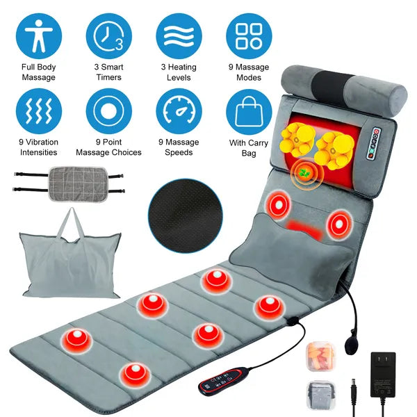 Full Body Electric Massage Mat With Lumbar Pillow - 10 Vibration Motors, 3 Timers & Anti-Slip Bottom Earplugs