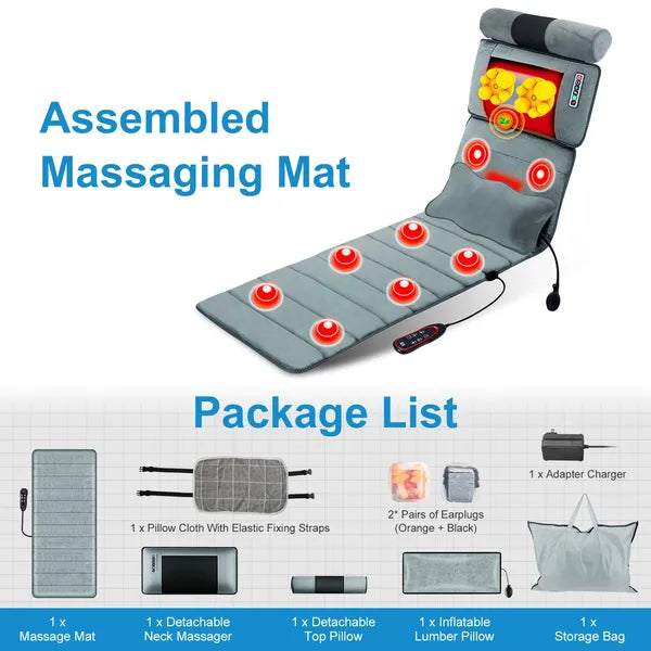 Full Body Electric Massage Mat With Lumbar Pillow - 10 Vibration Motors, 3 Timers & Anti-Slip Bottom Earplugs