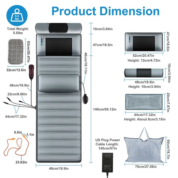 Full Body Electric Massage Mat With Lumbar Pillow - 10 Vibration Motors, 3 Timers & Anti-Slip Bottom Earplugs