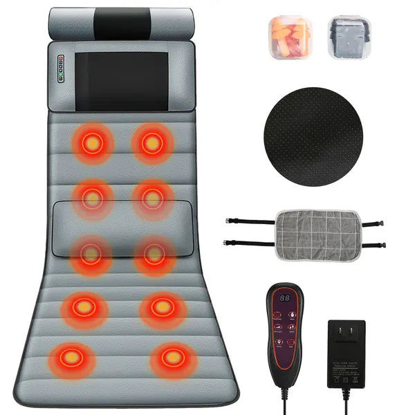 Full Body Electric Massage Mat With Lumbar Pillow - 10 Vibration Motors, 3 Timers & Anti-Slip Bottom Earplugs