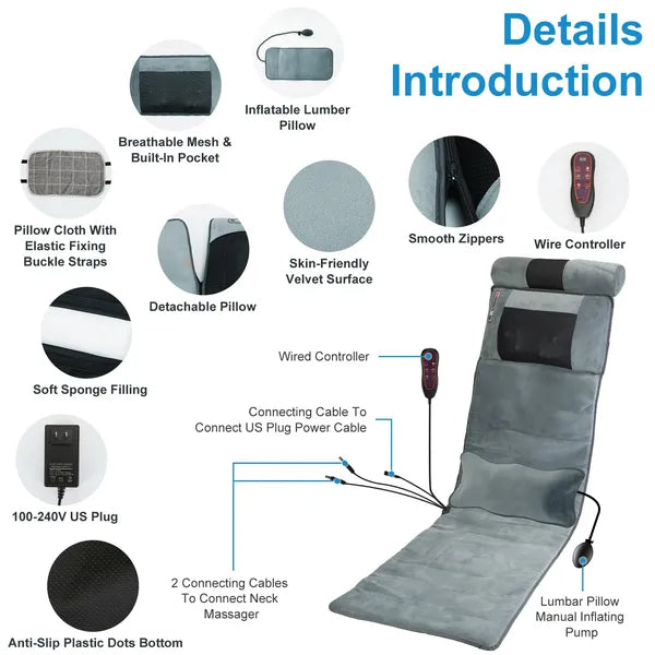 Full Body Electric Massage Mat With Lumbar Pillow - 10 Vibration Motors, 3 Timers & Anti-Slip Bottom Earplugs